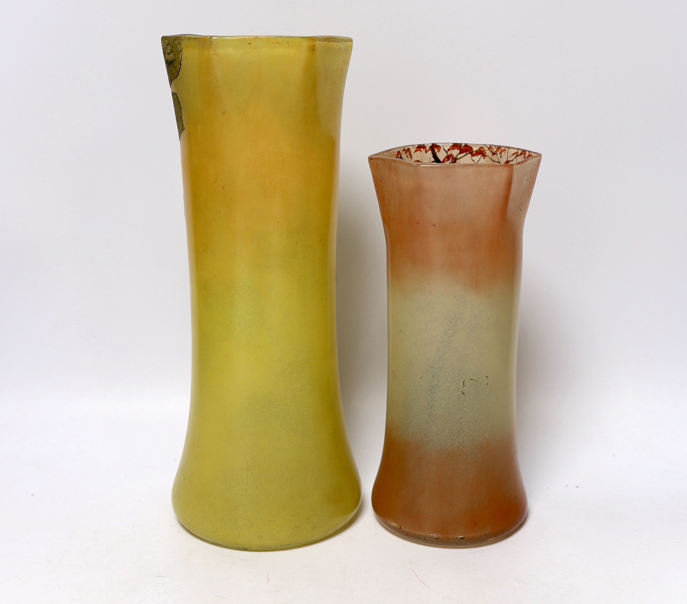 Two early 20th century French enamelled glass vases, 29cm